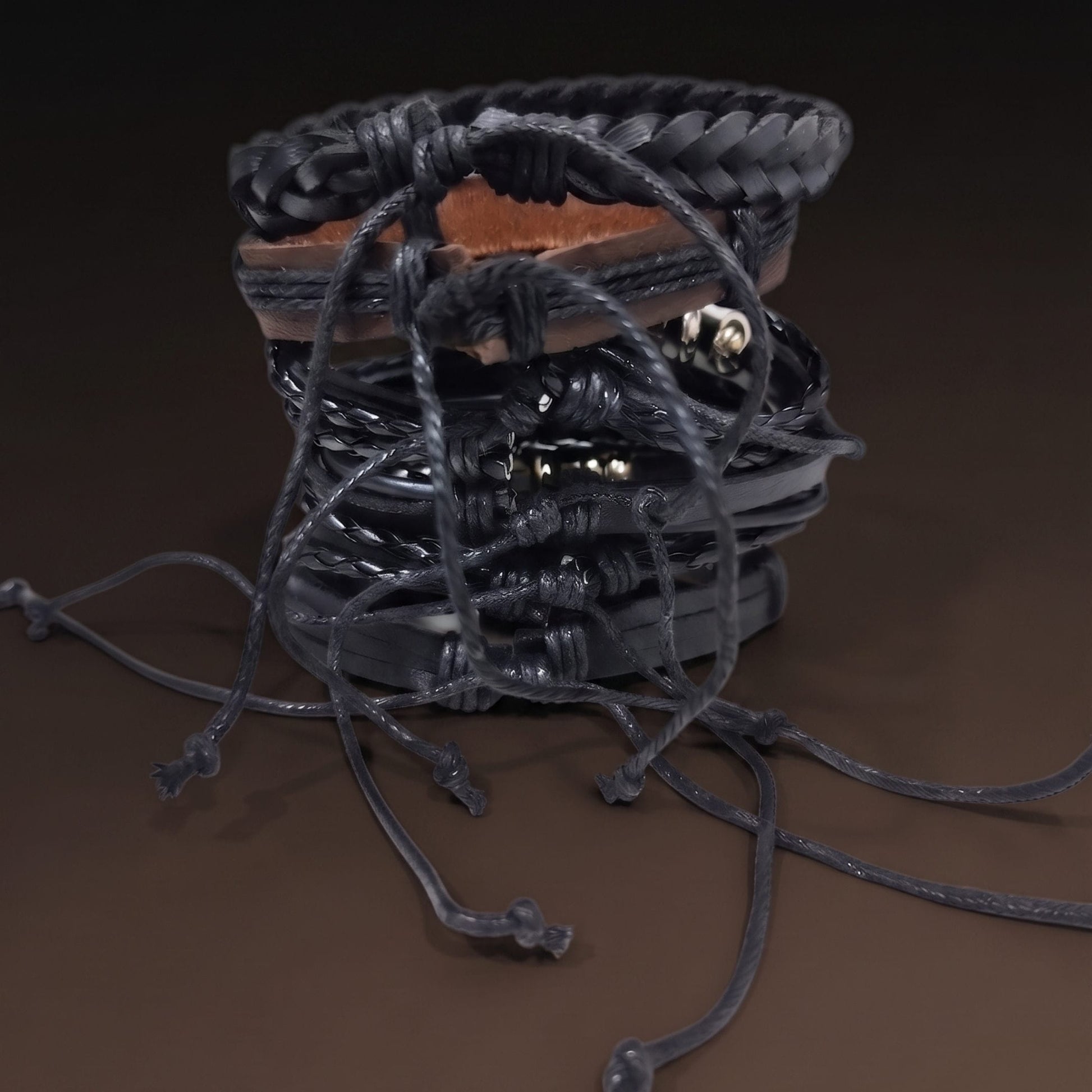 THE MEN THING Leather Bracelet SKULL FISH STACK - 6 Pcs Genuine Leather Adjustable Bracelet for Men & Boys
