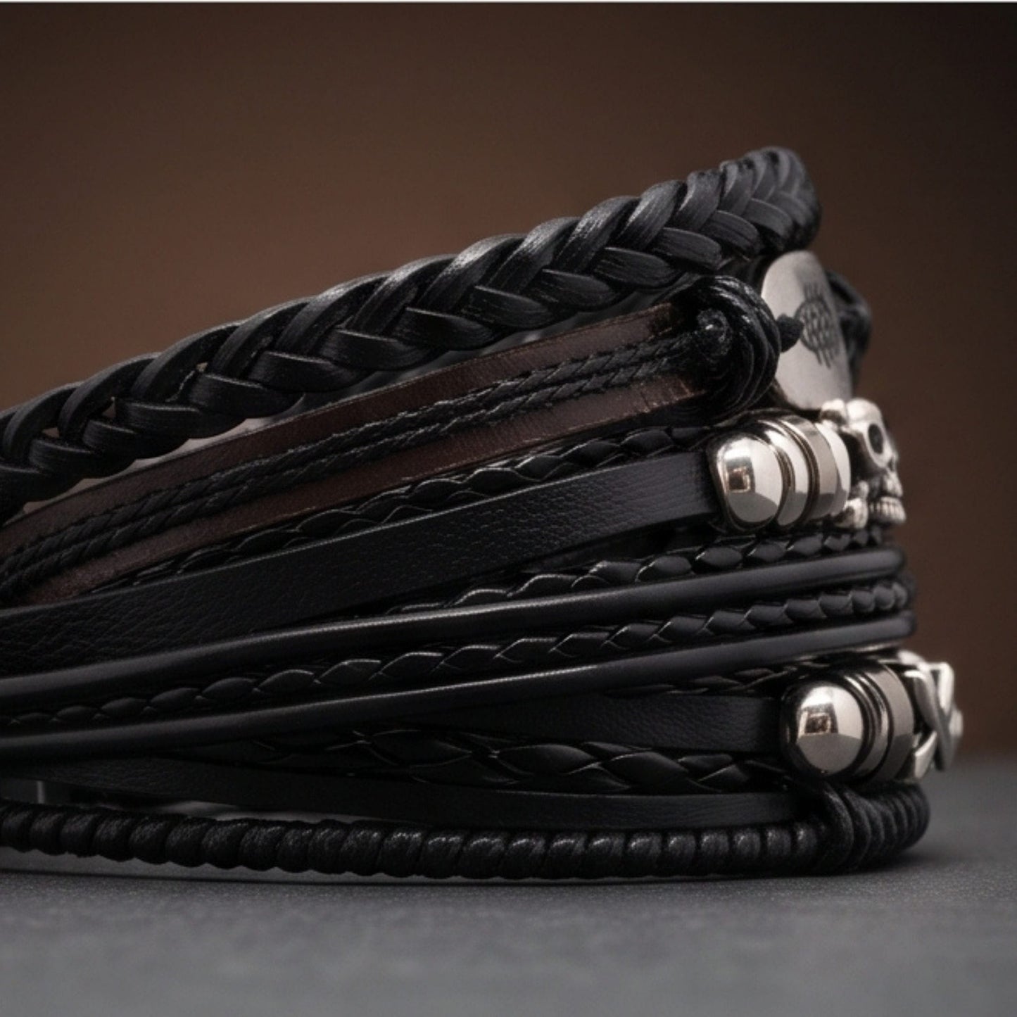 THE MEN THING Leather Bracelet SKULL FISH STACK - 6 Pcs Genuine Leather Adjustable Bracelet for Men & Boys