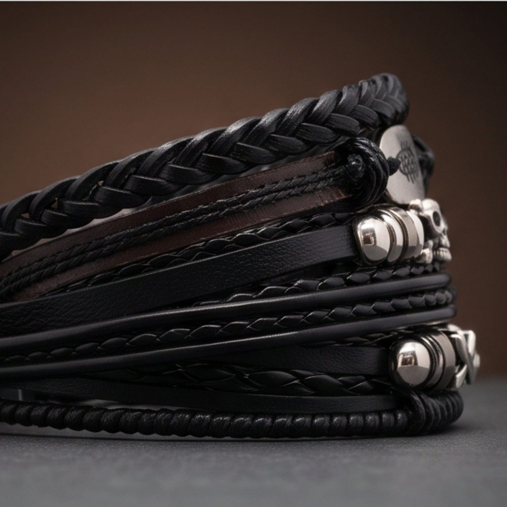 THE MEN THING Leather Bracelet SKULL FISH STACK - 6 Pcs Genuine Leather Adjustable Bracelet for Men & Boys