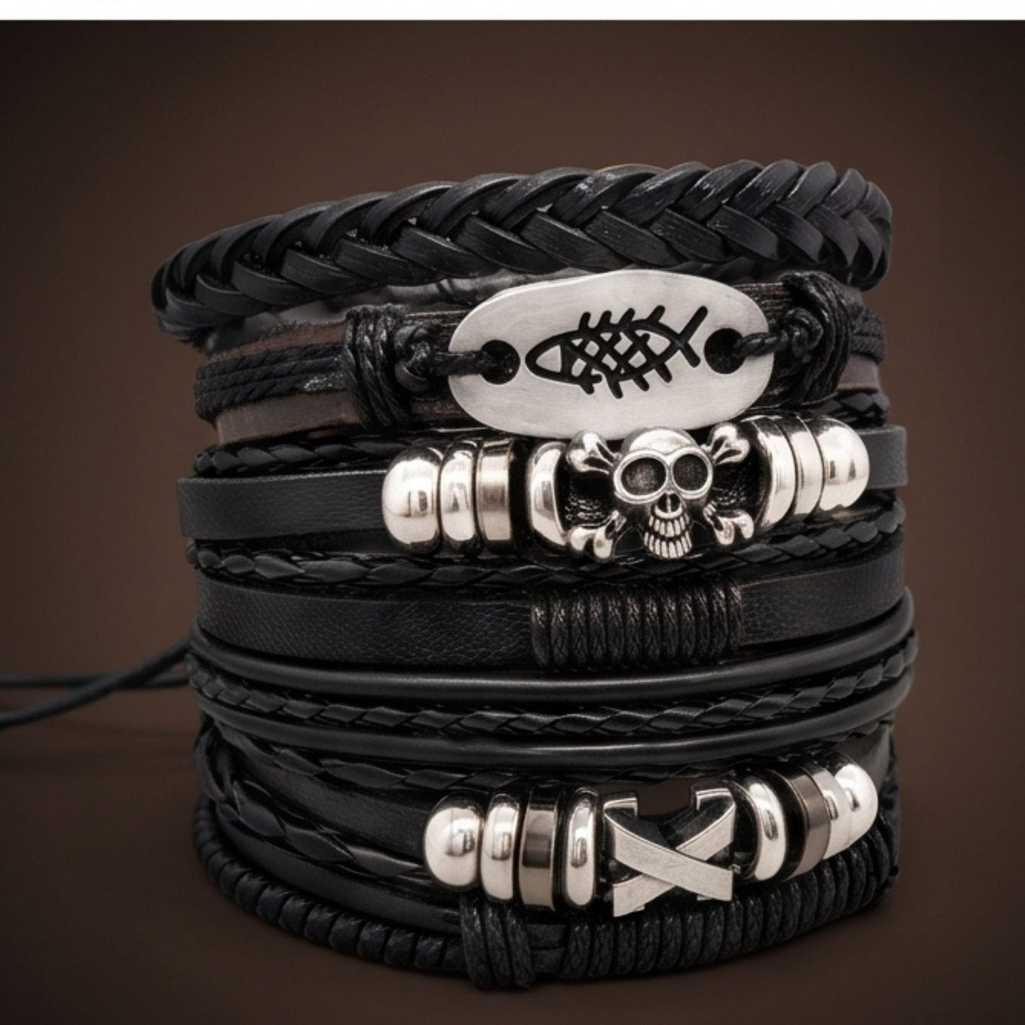 THE MEN THING Leather Bracelet SKULL FISH STACK - 6 Pcs Genuine Leather Adjustable Bracelet for Men & Boys
