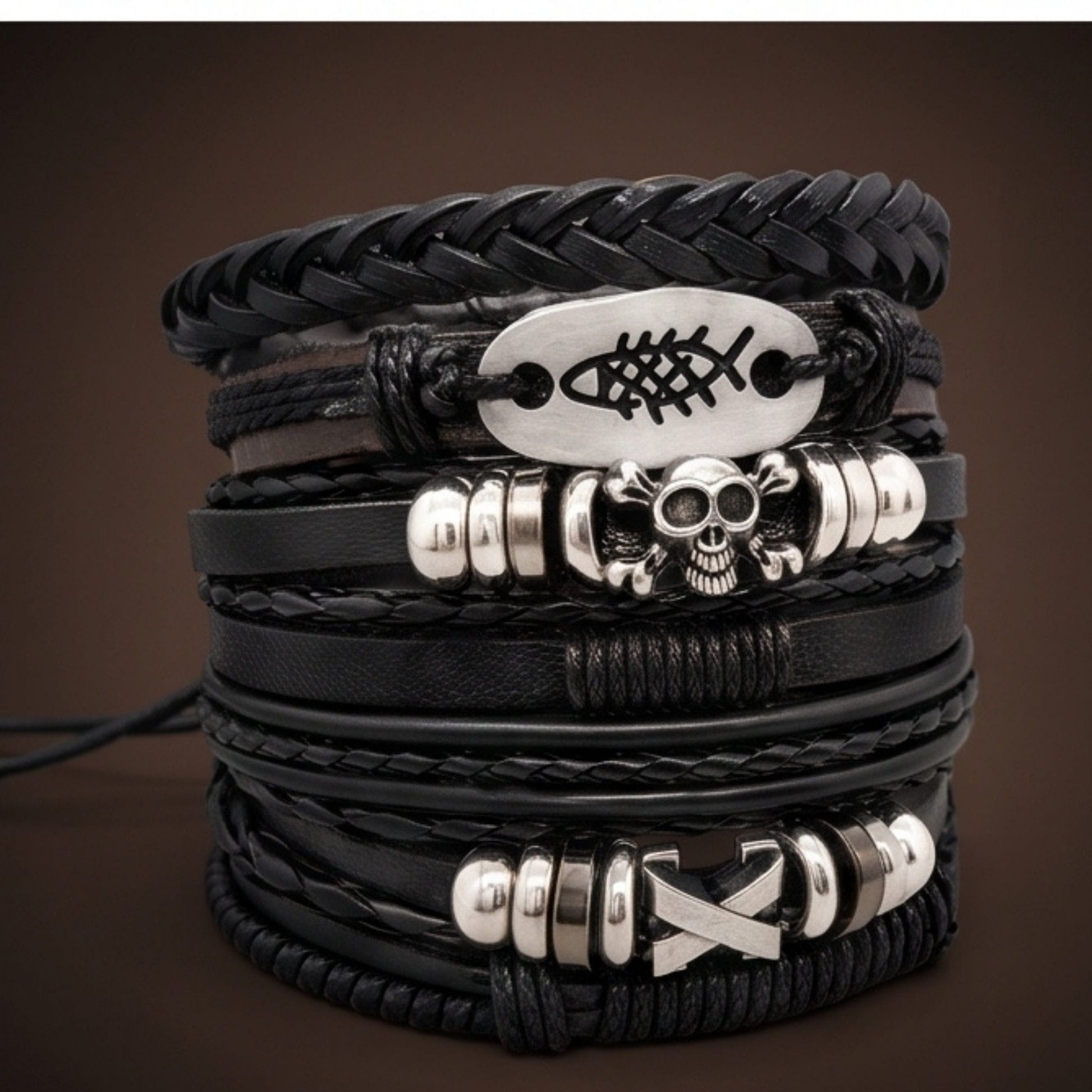 THE MEN THING Leather Bracelet SKULL FISH STACK - 6 Pcs Genuine Leather Adjustable Bracelet for Men & Boys