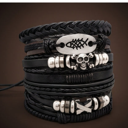 THE MEN THING Leather Bracelet SKULL FISH STACK - 6 Pcs Genuine Leather Adjustable Bracelet for Men & Boys