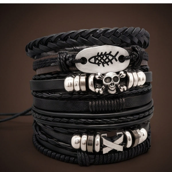 SKULL FISH STACK - 6 Pcs Genuine Leather Adjustable Bracelet for Men & Boys