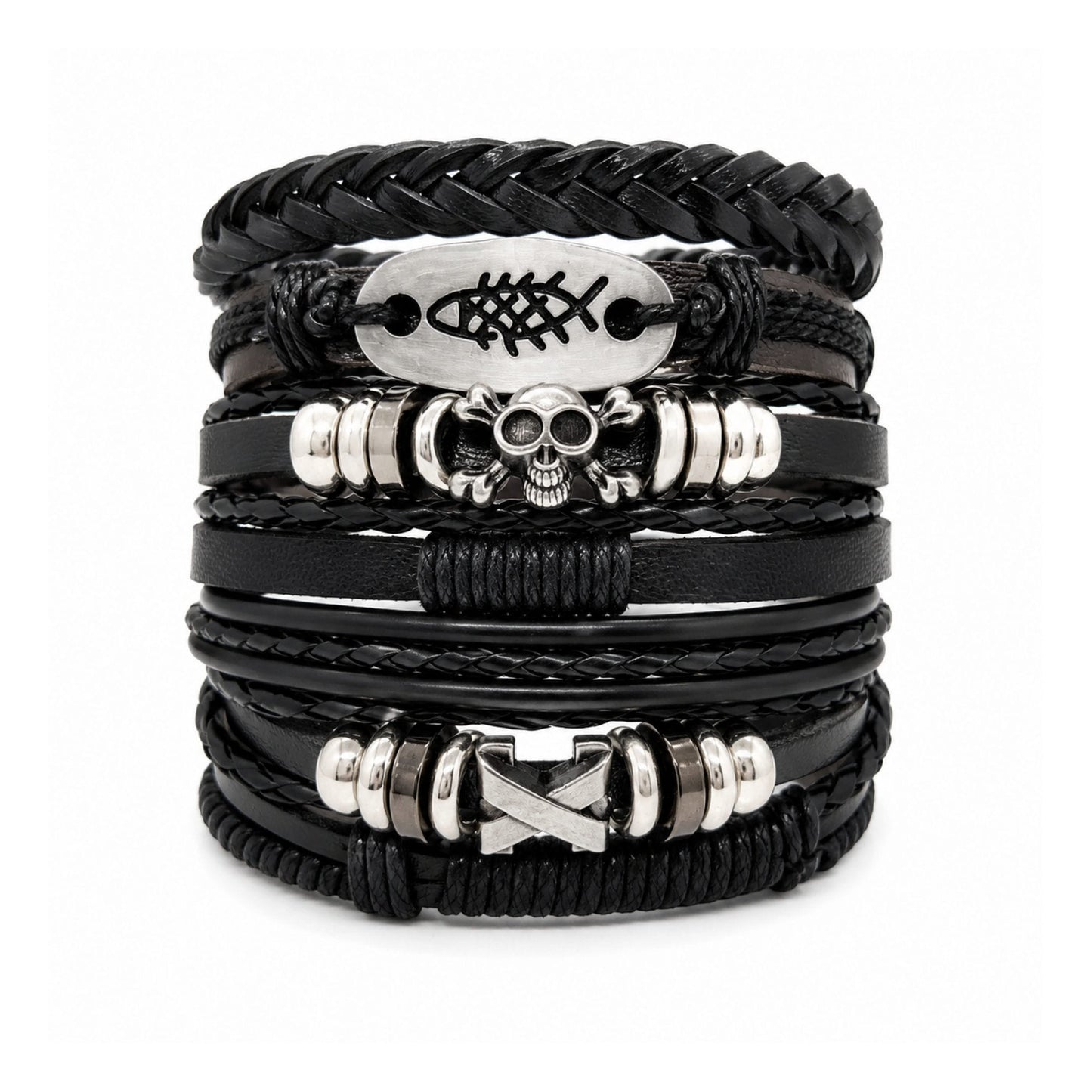 THE MEN THING Leather Bracelet SKULL FISH STACK - 6 Pcs Genuine Leather Adjustable Bracelet for Men & Boys