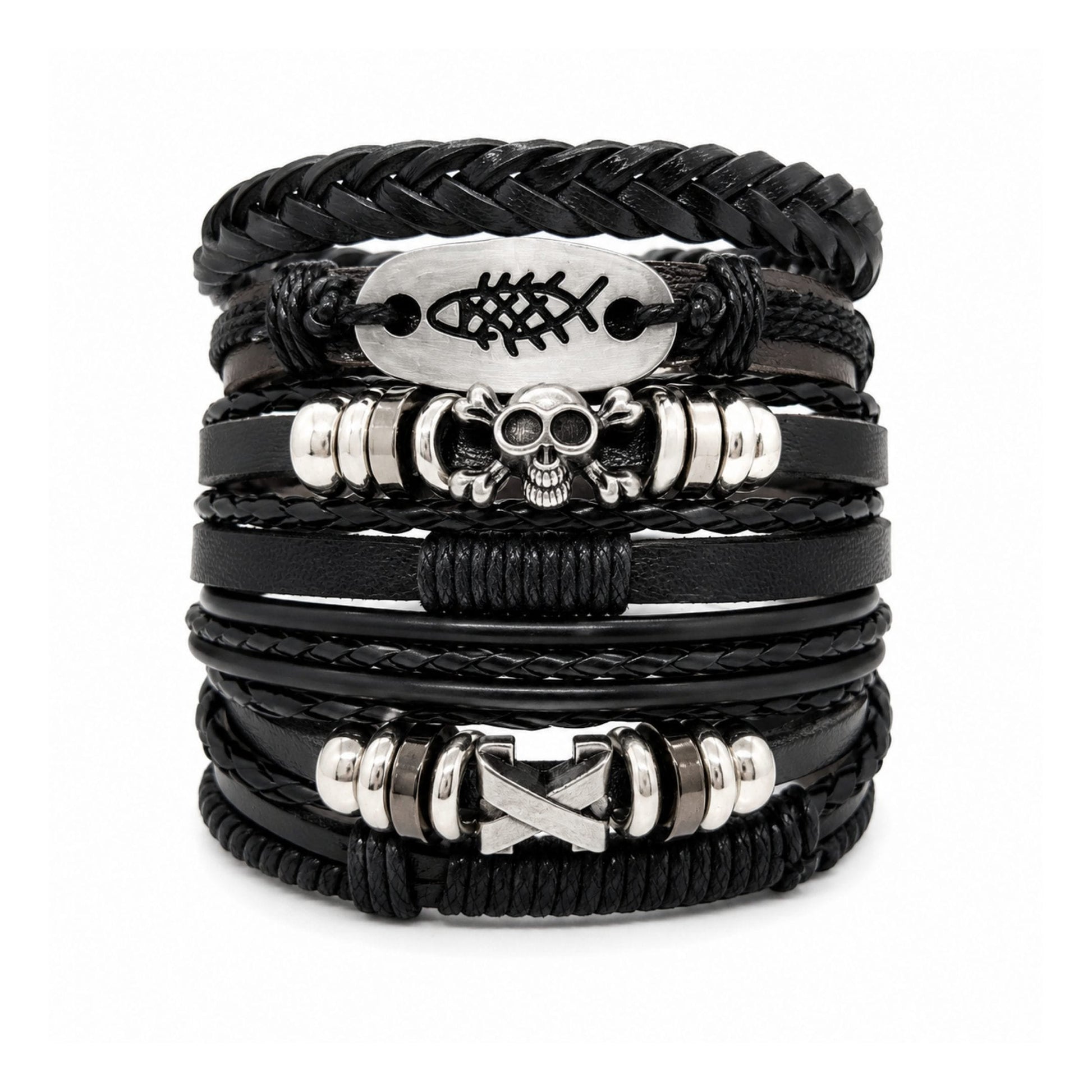 THE MEN THING Leather Bracelet SKULL FISH STACK - 6 Pcs Genuine Leather Adjustable Bracelet for Men & Boys