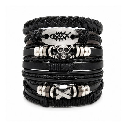 THE MEN THING Leather Bracelet SKULL FISH STACK - 6 Pcs Genuine Leather Adjustable Bracelet for Men & Boys