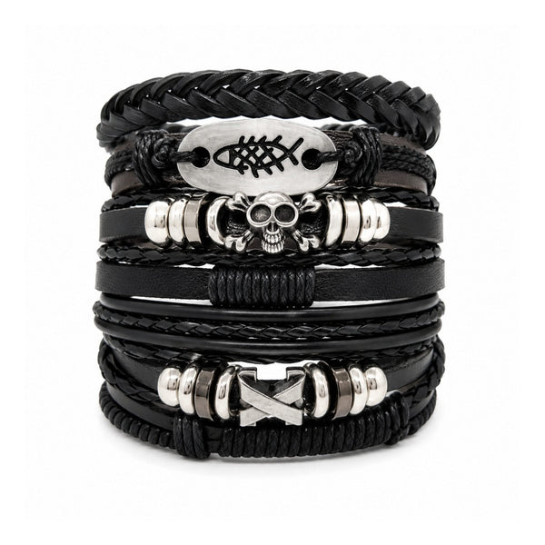 SKULL FISH STACK - 6 Pcs Genuine Leather Adjustable Bracelet for Men & Boys