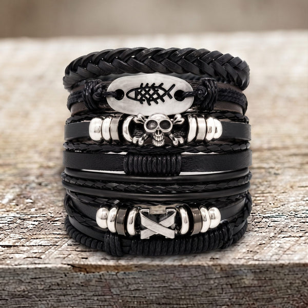 SKULL FISH STACK - 6 Pcs Genuine Leather Adjustable Bracelet for Men & Boys