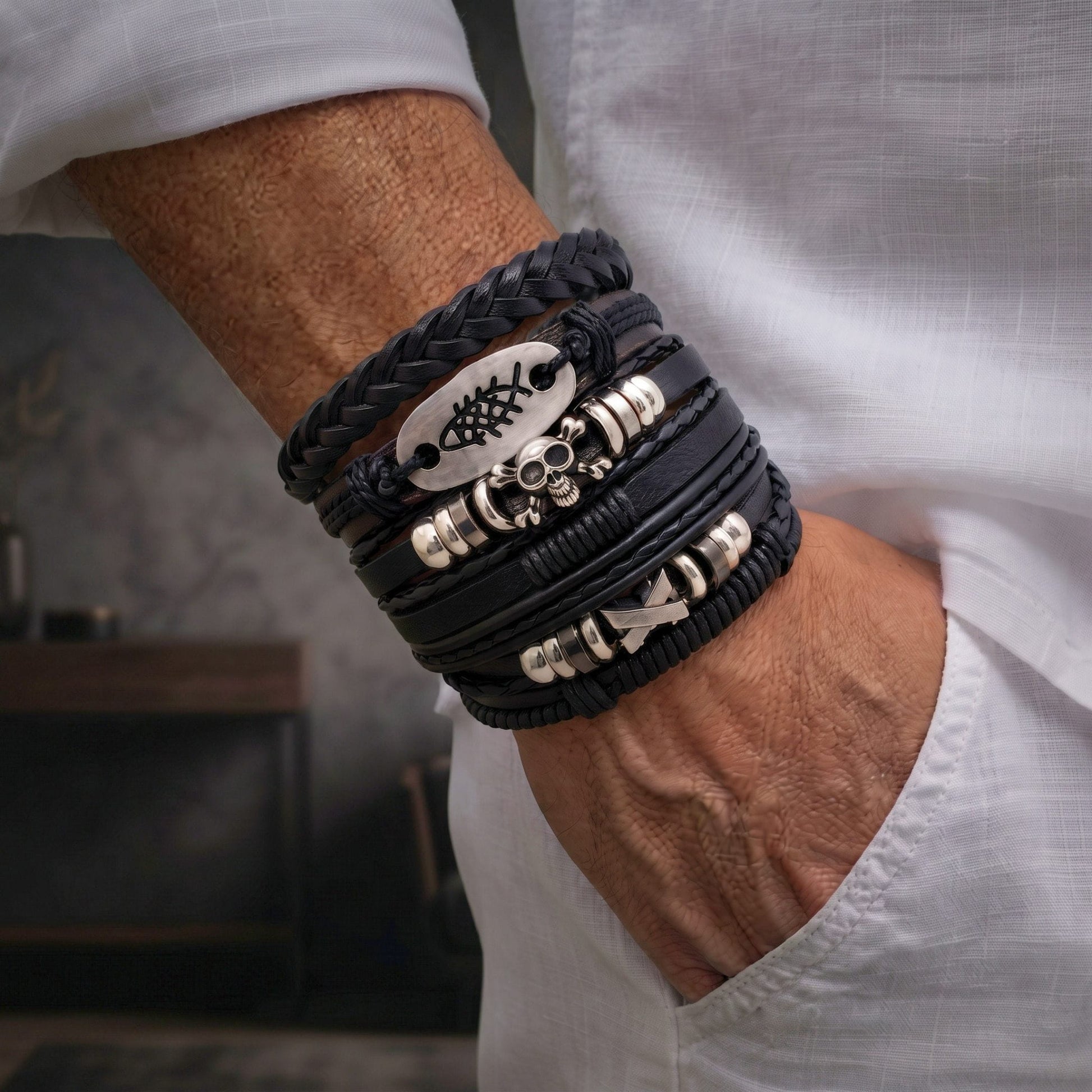 THE MEN THING Leather Bracelet SKULL FISH STACK - 6 Pcs Genuine Leather Adjustable Bracelet for Men & Boys