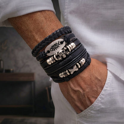 THE MEN THING Leather Bracelet SKULL FISH STACK - 6 Pcs Genuine Leather Adjustable Bracelet for Men & Boys