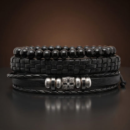 THE MEN THING Leather Bracelet SKULL STACK BLACK - 3 Pcs Genuine Leather Adjustable Bracelet for Men & Boys