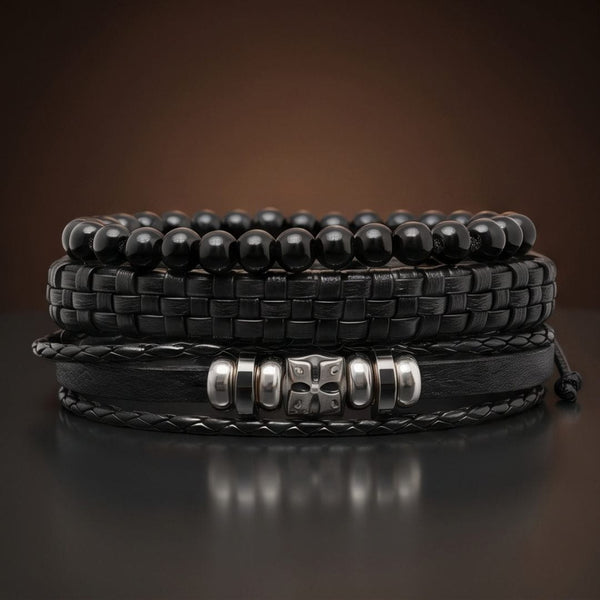 SKULL STACK BLACK - 3 Pcs Genuine Leather Adjustable Bracelet for Men & Boys