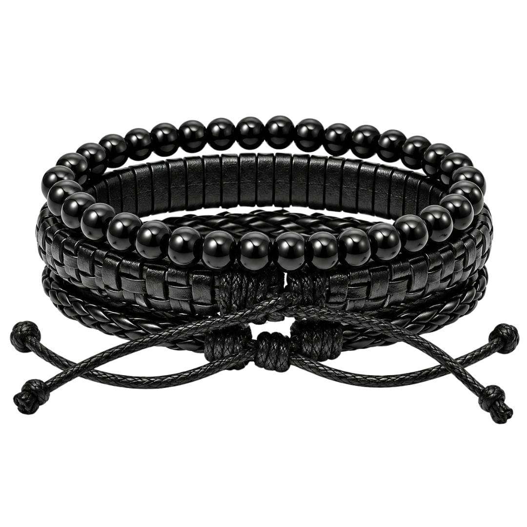 THE MEN THING Leather Bracelet SKULL STACK BLACK - 3 Pcs Genuine Leather Adjustable Bracelet for Men & Boys