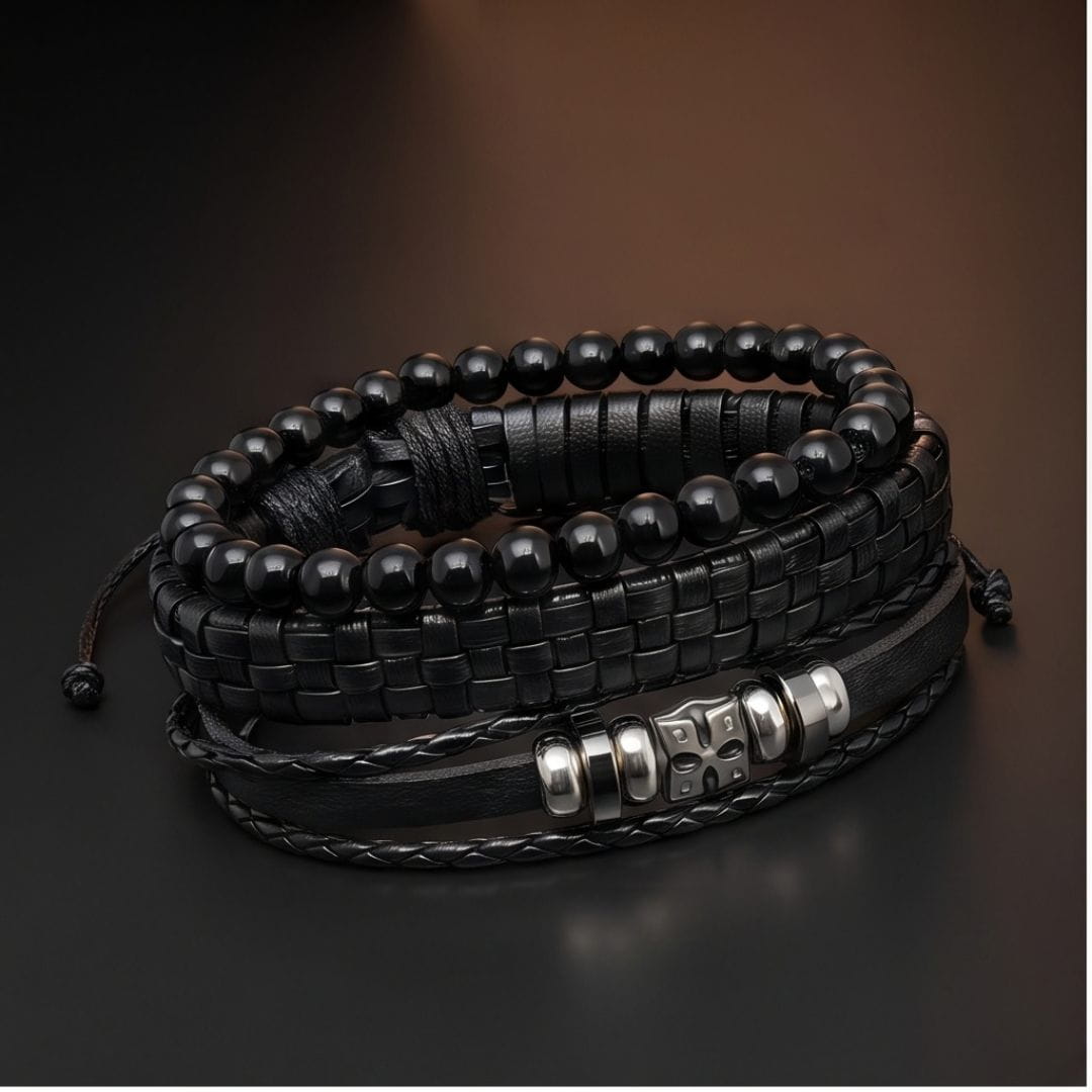 THE MEN THING Leather Bracelet SKULL STACK BLACK - 3 Pcs Genuine Leather Adjustable Bracelet for Men & Boys