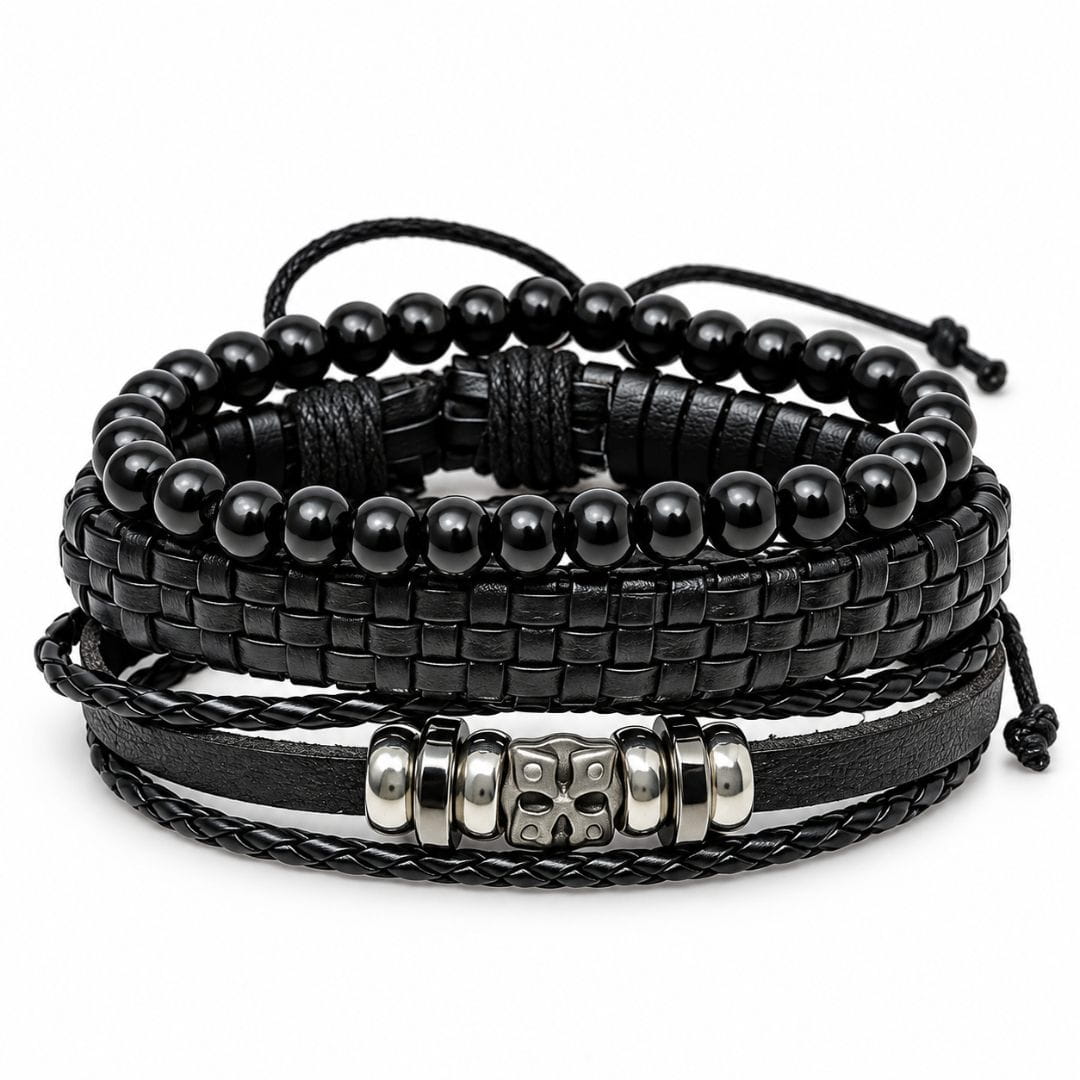 THE MEN THING Leather Bracelet SKULL STACK BLACK - 3 Pcs Genuine Leather Adjustable Bracelet for Men & Boys