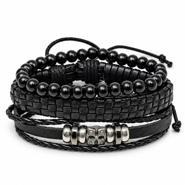 SKULL STACK BLACK - 3 Pcs Genuine Leather Adjustable Bracelet for Men & Boys