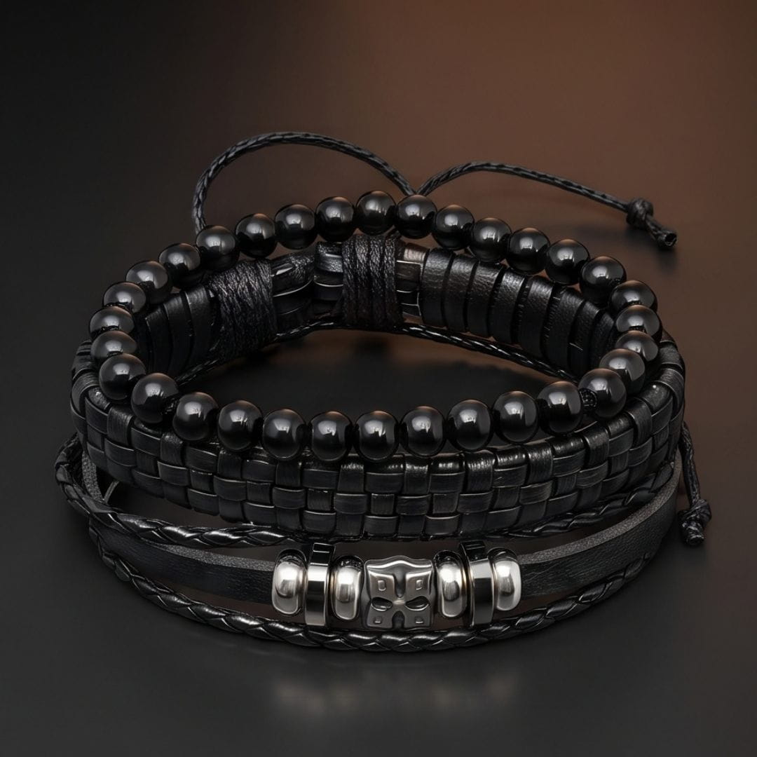 THE MEN THING Leather Bracelet SKULL STACK BLACK - 3 Pcs Genuine Leather Adjustable Bracelet for Men & Boys
