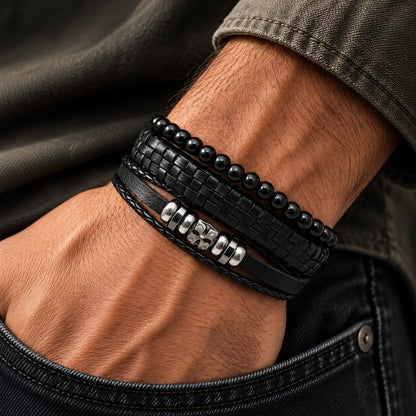 THE MEN THING Leather Bracelet SKULL STACK BLACK - 3 Pcs Genuine Leather Adjustable Bracelet for Men & Boys
