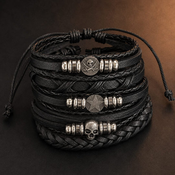 SKULL STAR STACK BLACK - 6 Pcs Genuine Leather Adjustable Bracelet for Men & Boys