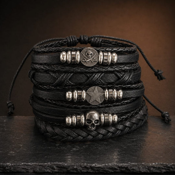 SKULL STAR STACK BLACK - 6 Pcs Genuine Leather Adjustable Bracelet for Men & Boys