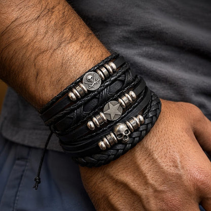 THE MEN THING Leather Bracelet SKULL STAR STACK BLACK - 6 Pcs Genuine Leather Adjustable Bracelet for Men & Boys