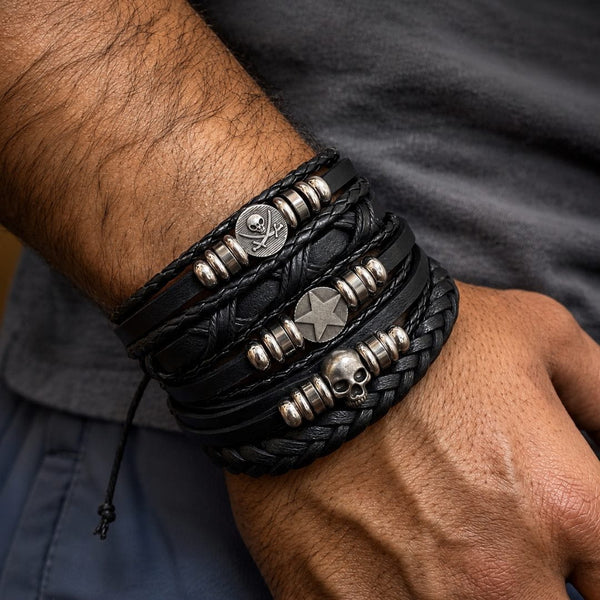 SKULL STAR STACK BLACK - 6 Pcs Genuine Leather Adjustable Bracelet for Men & Boys