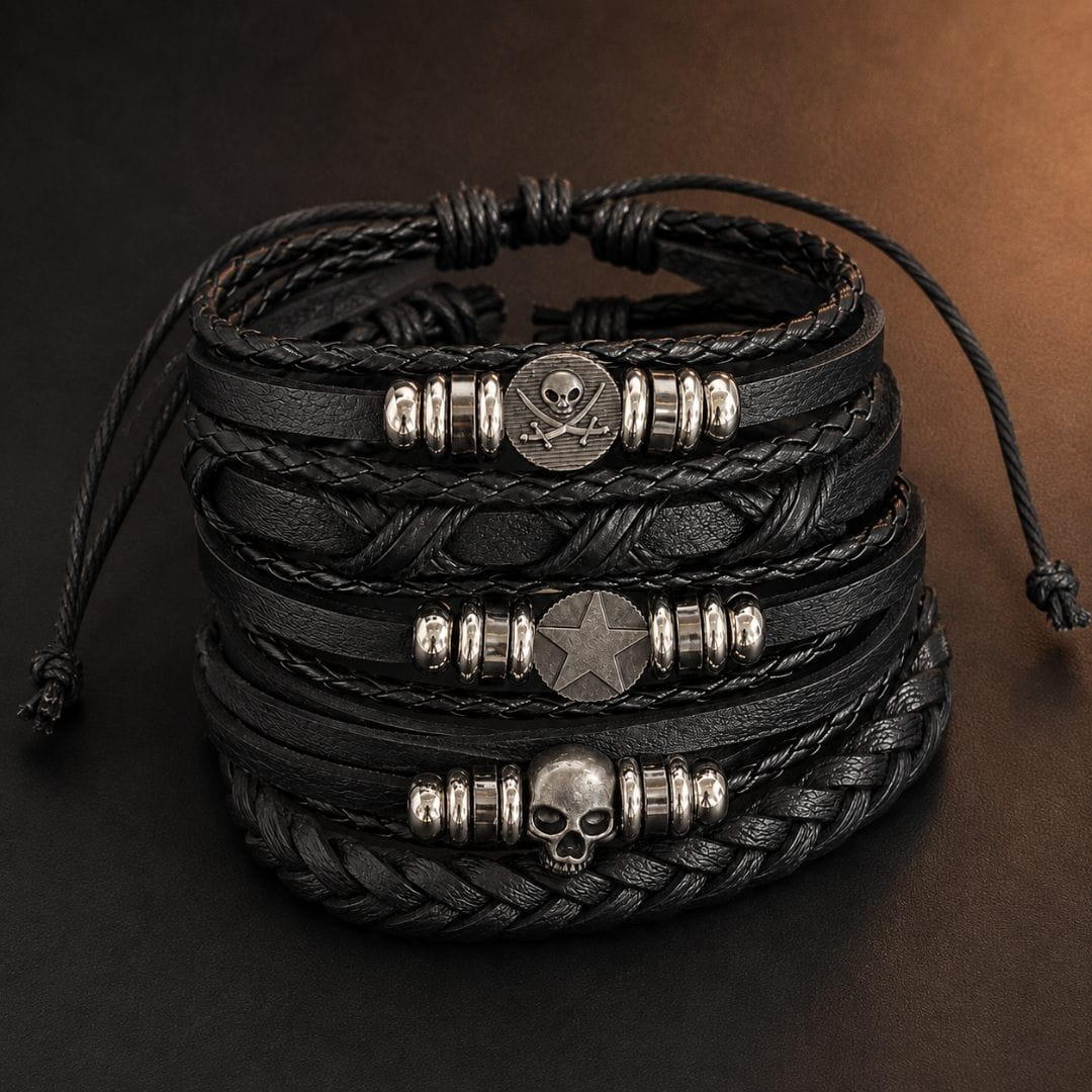 THE MEN THING Leather Bracelet SKULL STAR STACK BLACK - 6 Pcs Genuine Leather Adjustable Bracelet for Men & Boys