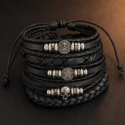 THE MEN THING Leather Bracelet SKULL STAR STACK BLACK - 6 Pcs Genuine Leather Adjustable Bracelet for Men & Boys