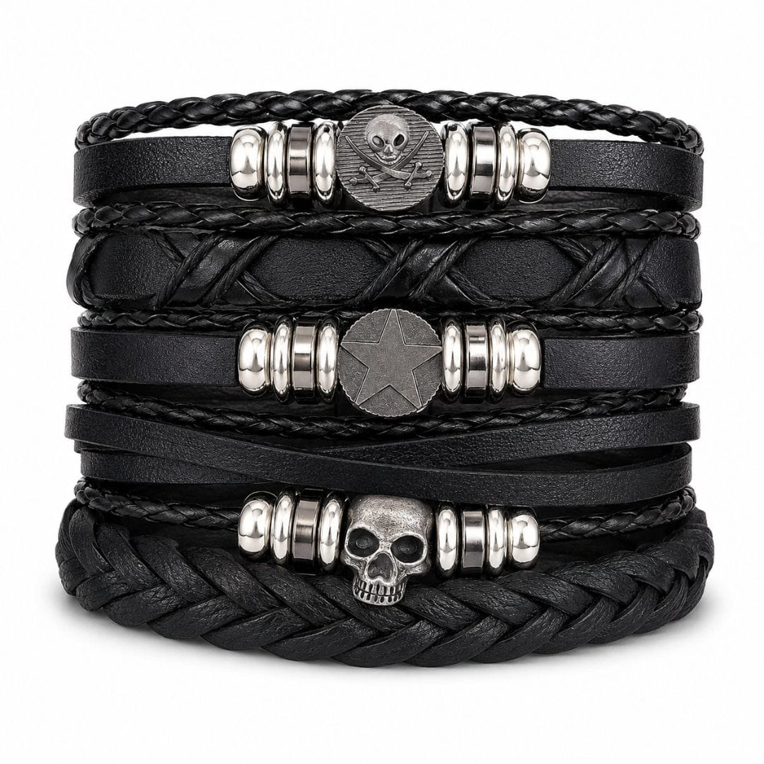 THE MEN THING Leather Bracelet SKULL STAR STACK BLACK - 6 Pcs Genuine Leather Adjustable Bracelet for Men & Boys