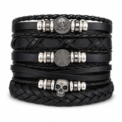THE MEN THING Leather Bracelet SKULL STAR STACK BLACK - 6 Pcs Genuine Leather Adjustable Bracelet for Men & Boys