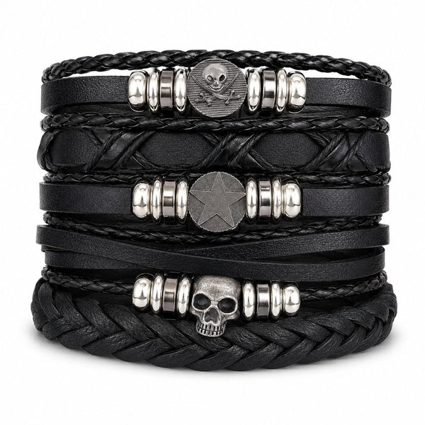 SKULL STAR STACK BLACK - 6 Pcs Genuine Leather Adjustable Bracelet for Men & Boys