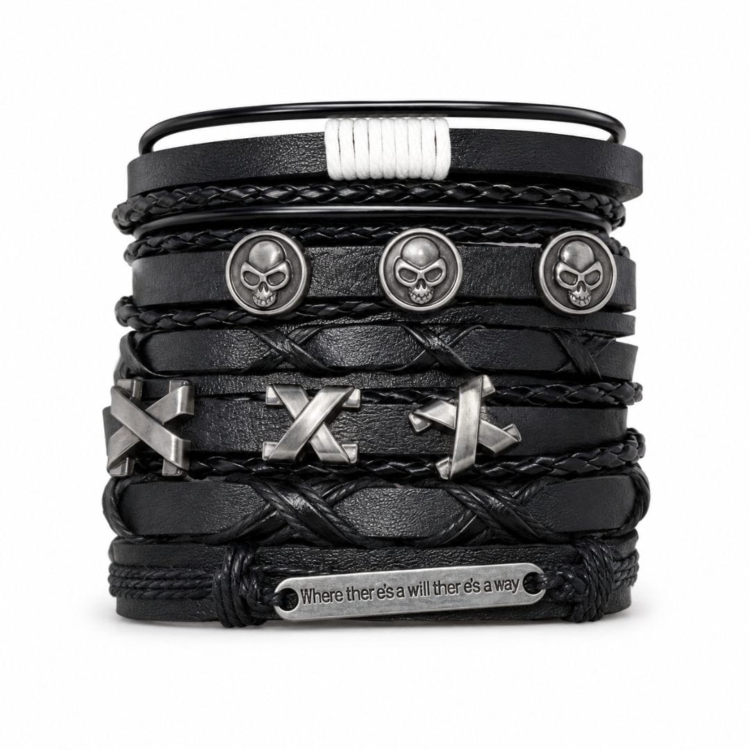 THE MEN THING Leather Bracelet SKULL X STACK BLACK - 6 Pcs Genuine Leather Adjustable Bracelet for Men & Boys