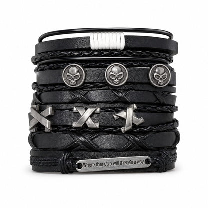 THE MEN THING Leather Bracelet SKULL X STACK BLACK - 6 Pcs Genuine Leather Adjustable Bracelet for Men & Boys