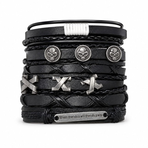 SKULL X STACK BLACK - 6 Pcs Genuine Leather Adjustable Bracelet for Men & Boys