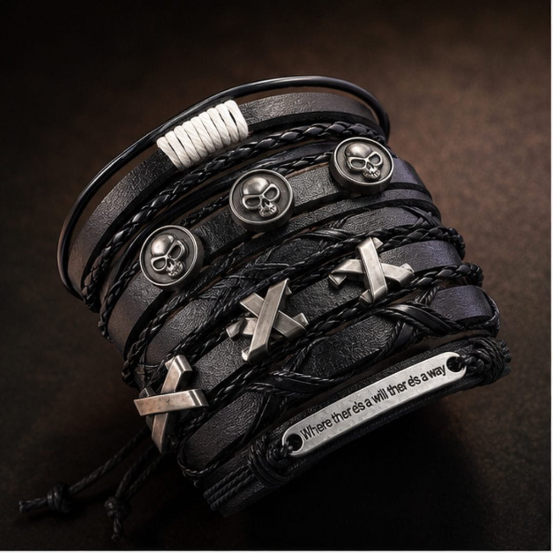 THE MEN THING Leather Bracelet SKULL X STACK BLACK - 6 Pcs Genuine Leather Adjustable Bracelet for Men & Boys