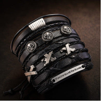 THE MEN THING Leather Bracelet SKULL X STACK BLACK - 6 Pcs Genuine Leather Adjustable Bracelet for Men & Boys