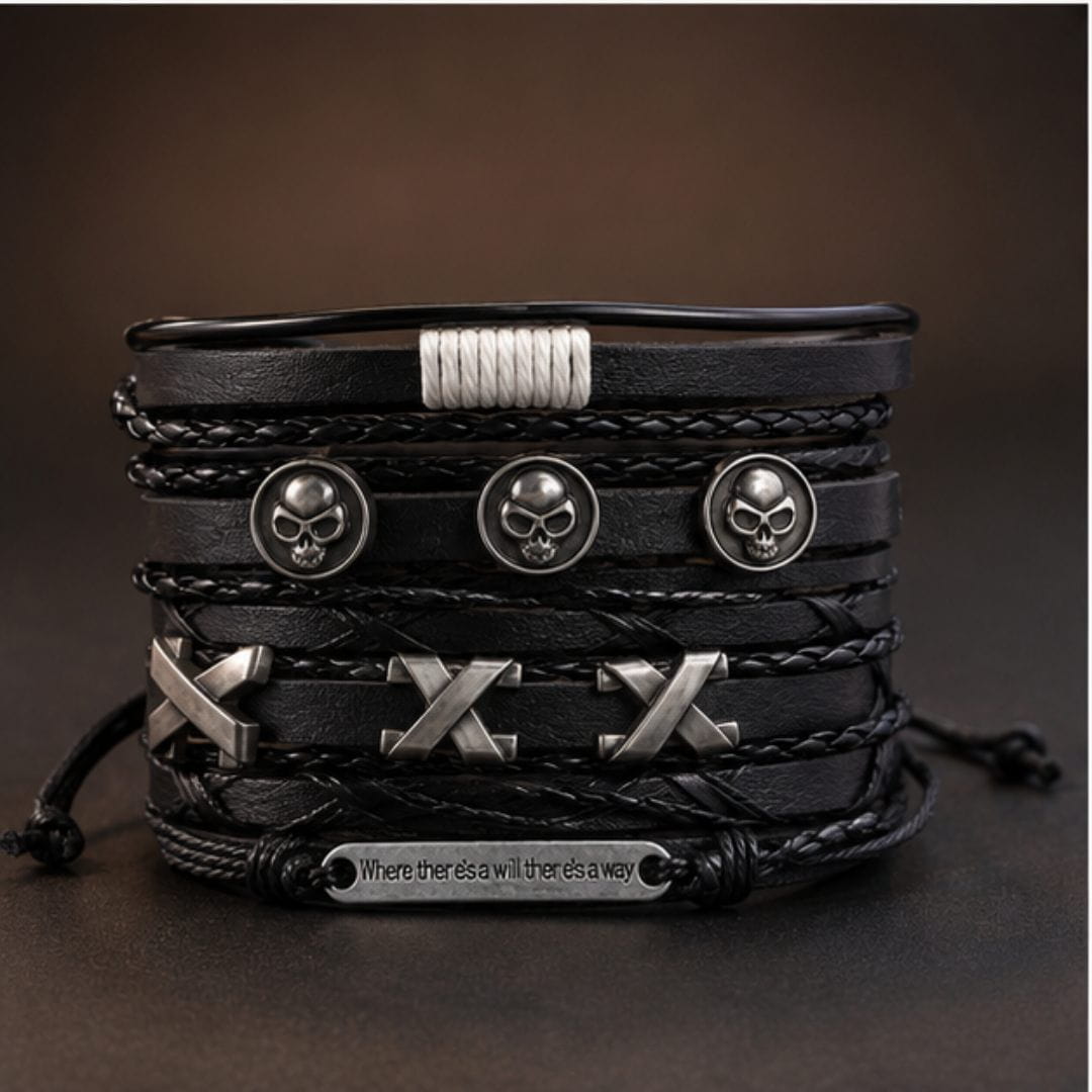 THE MEN THING Leather Bracelet SKULL X STACK BLACK - 6 Pcs Genuine Leather Adjustable Bracelet for Men & Boys