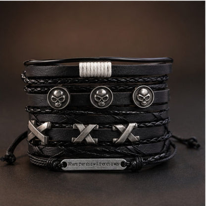 THE MEN THING Leather Bracelet SKULL X STACK BLACK - 6 Pcs Genuine Leather Adjustable Bracelet for Men & Boys