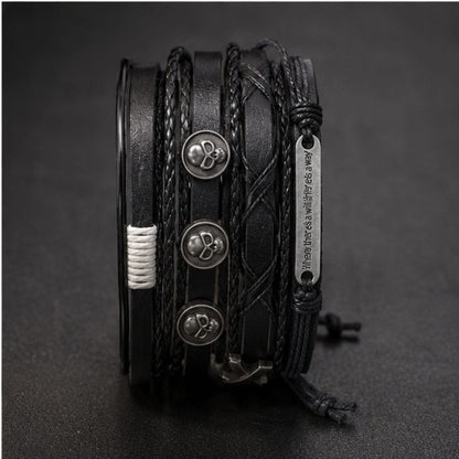 THE MEN THING Leather Bracelet SKULL X STACK BLACK - 6 Pcs Genuine Leather Adjustable Bracelet for Men & Boys