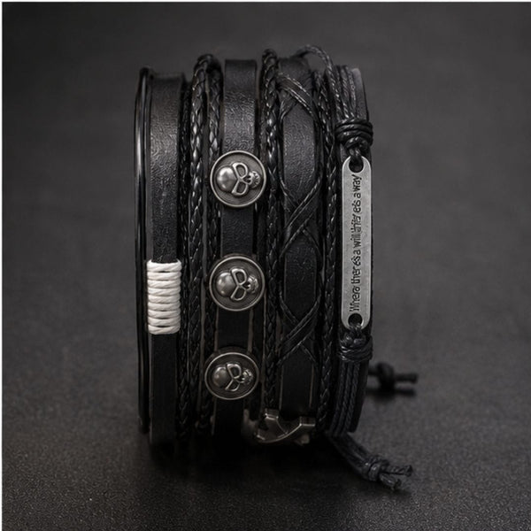 SKULL X STACK BLACK - 6 Pcs Genuine Leather Adjustable Bracelet for Men & Boys