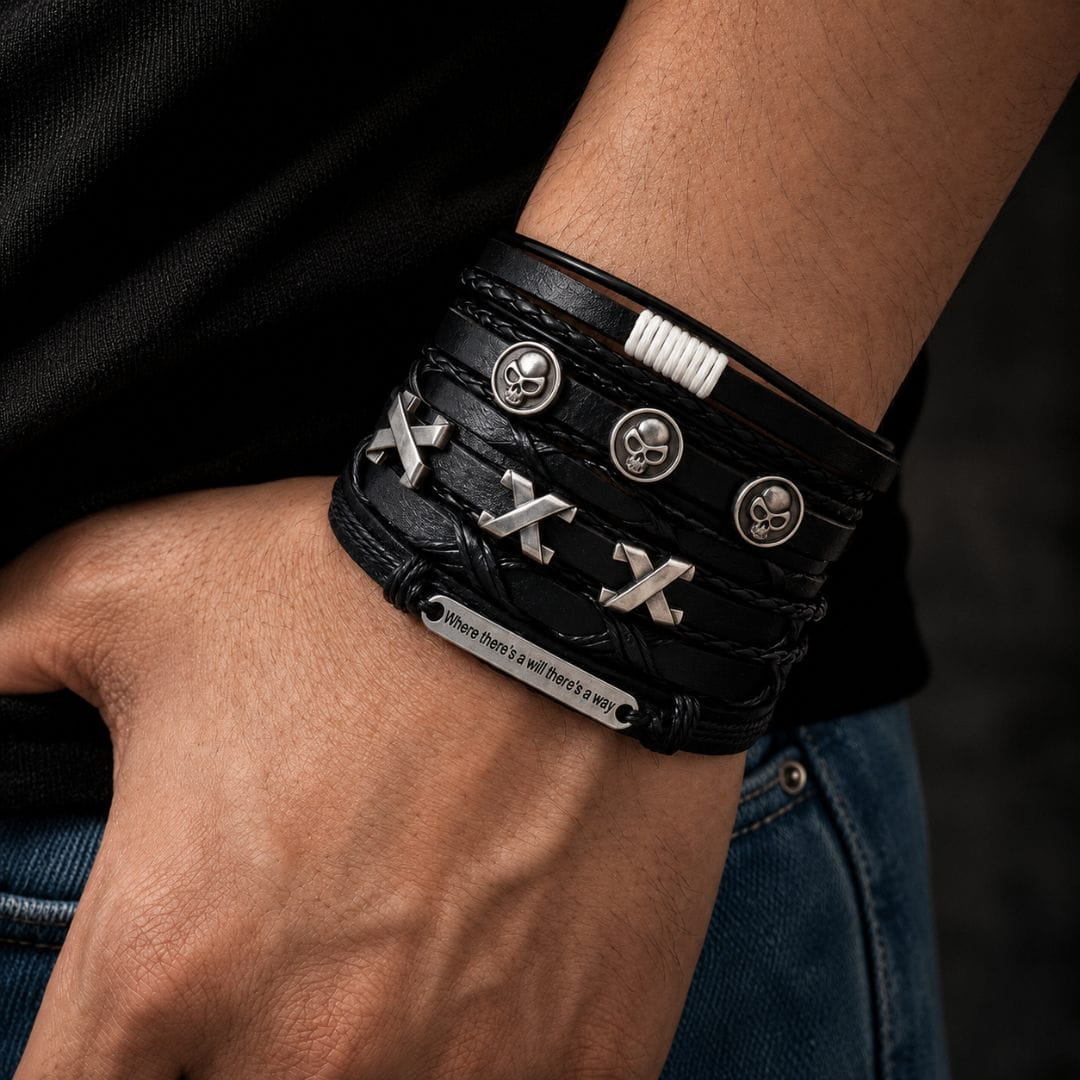 THE MEN THING Leather Bracelet SKULL X STACK BLACK - 6 Pcs Genuine Leather Adjustable Bracelet for Men & Boys
