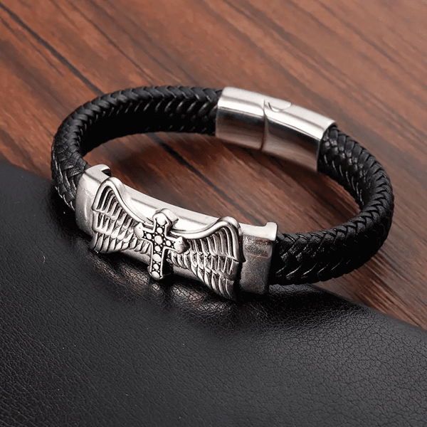 स्काईवर्ड ग्रेस ब्लैक - पुरुषों और लड़कों के लिए स्टेनलेस स्टील मैग्नेटिक बकल के साथ असली लेदर ब्रेडेड ब्रेसलेट (8 इंच)