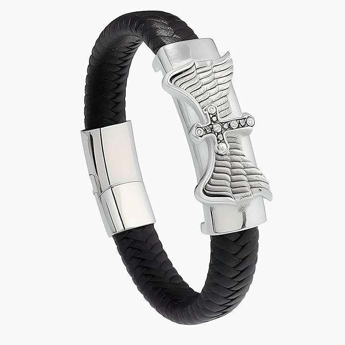 THE MEN THING Leather Bracelet SKYWARD GRACE BLACK - Genuine Leather Braided Bracelet with Stainless Steel Magnetic Buckle for Men & Boys (8 inch)