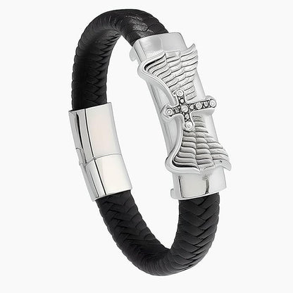 THE MEN THING Leather Bracelet SKYWARD GRACE BLACK - Genuine Leather Braided Bracelet with Stainless Steel Magnetic Buckle for Men & Boys (8 inch)