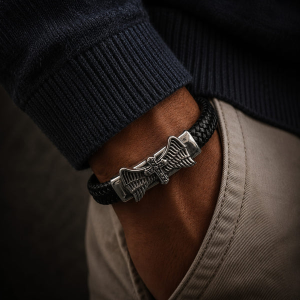 SKYWARD GRACE BLACK - Genuine Leather Braided Bracelet with Stainless Steel Magnetic Buckle for Men & Boys (8 inch)