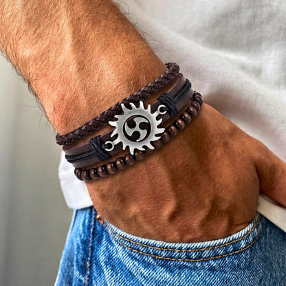 THE MEN THING Leather Bracelet SOLAR SPIRIT BROWN - 3Pcs Genuine Leather Adjustable Bracelets Set for Men & Boys (8 inch)