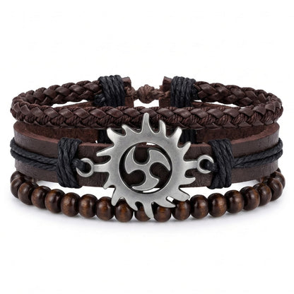 THE MEN THING Leather Bracelet SOLAR SPIRIT BROWN - 3Pcs Genuine Leather Adjustable Bracelets Set for Men & Boys (8 inch)