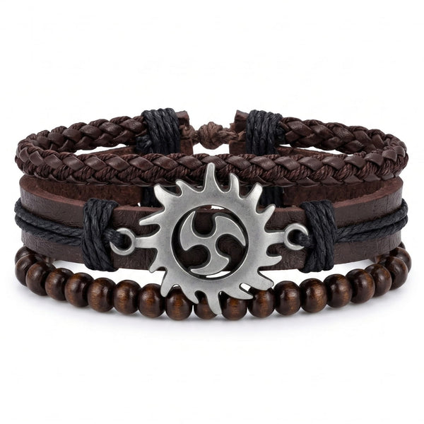 SOLAR SPIRIT BROWN - 3Pcs Genuine Leather Adjustable Bracelets Set for Men & Boys (8 inch)