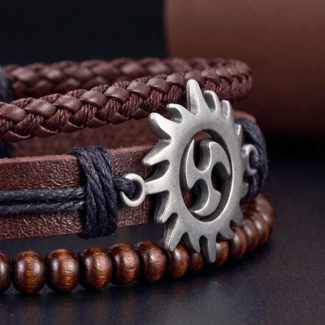 THE MEN THING Leather Bracelet SOLAR SPIRIT BROWN - 3Pcs Genuine Leather Adjustable Bracelets Set for Men & Boys (8 inch)
