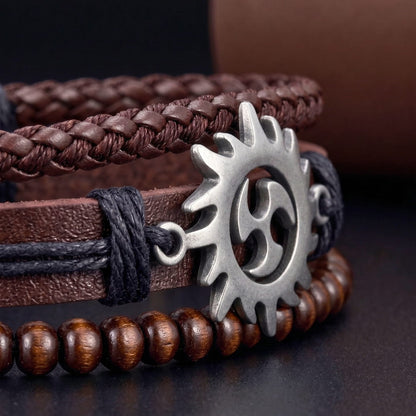 THE MEN THING Leather Bracelet SOLAR SPIRIT BROWN - 3Pcs Genuine Leather Adjustable Bracelets Set for Men & Boys (8 inch)